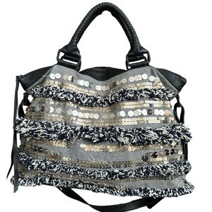 Anthropologie Cleobella Bennet Weekender travel bag sequins and leather as is